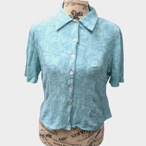 Women's vintage teal embroidered crochet short sleeves crop blouse size 10
